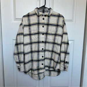 Madewell Cream Caney Plaid Oversized Ex-Boyfriend Flannel Shacket Medium EUC